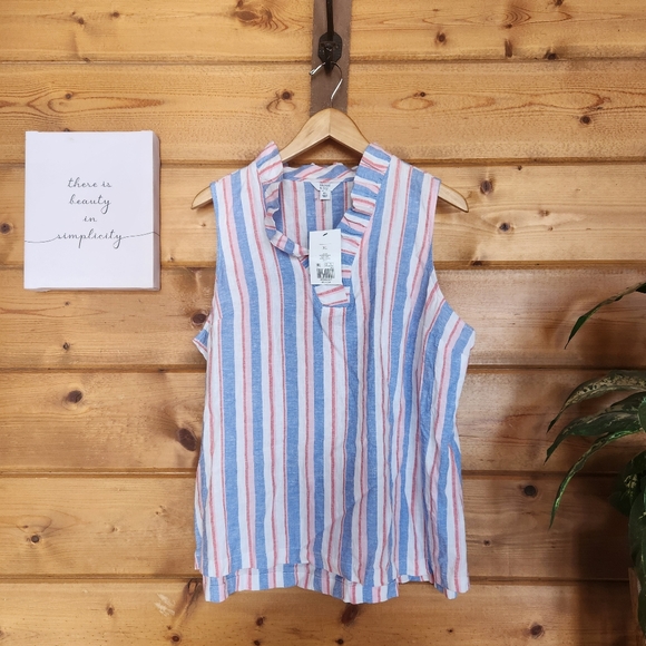 crown & ivy Tops - Crown & Ivy NWT Ruffle Neck Popover Striped Linen Blend Blouse Top Preppy Sz XL